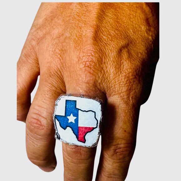 Broken China Texas Flag Ring Handcrafted With Silver Alloy Metalwork Boho Style - Picture 1 of 14